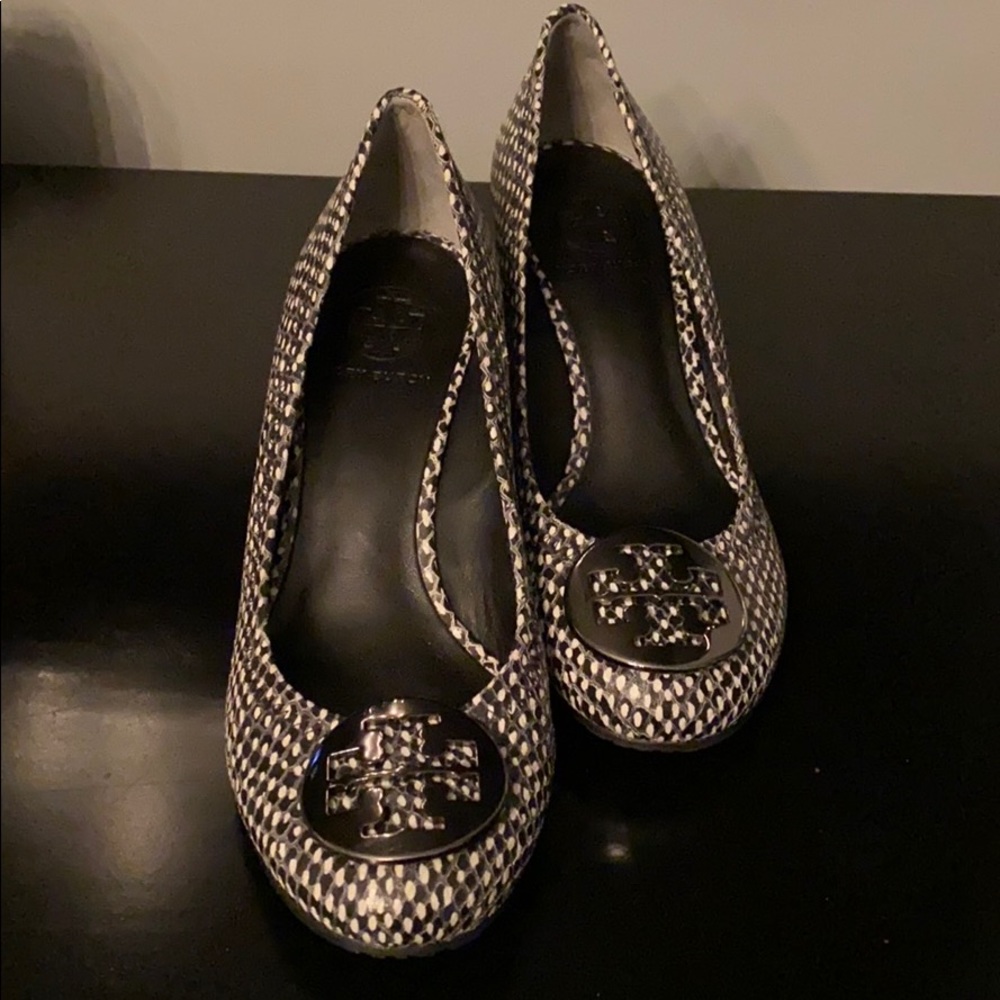 Tory Burch snakeskin black and white wedge